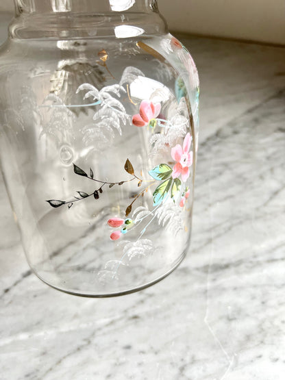 Victorian Lemonade Pitcher, Handpainted Glass Juice Pitcher,EAPG HandBlown Glass Jug, Collectible American Glass, Floral Pattern Crimped Rim